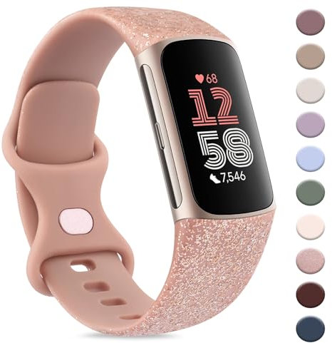 AK Sport Band Compatible with Fitbit Charge 6 / 5 Bands, Classic Soft Replacement Straps Wristbands for Fitbit Charge 6 / 5 Advanced Fitness & Health Tracker (Glistening Rose Gold, 7.3 inches, Small)