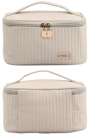 Rapidbok Reise Kosmetiktasche, Schminktasche Damen, Kulturbeutel Beige, Kulturtasche PU Leder mit Bürstenfach, wasserdichte Make Up Tasche mit Griff für Damen und Mädchen (Beige)