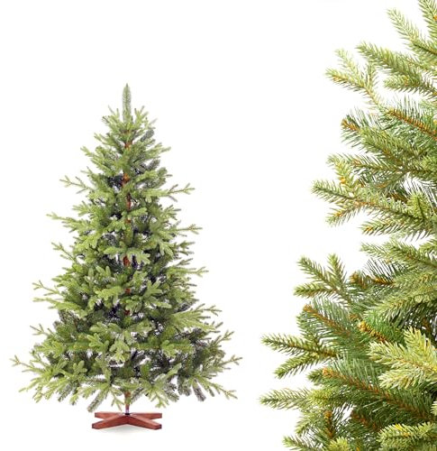 FAIRYTREES Weihnachtsbaum künstlich 150cm BAYERISCHE Tanne Premium | Made in EU | Christbaum Holzständer | Tannenbaum künstlich mit Naturgetreue Spritzguss Elemente