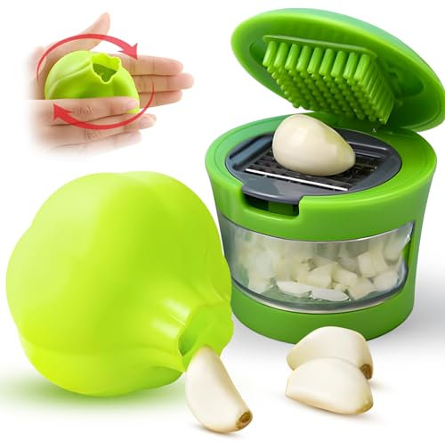 Generic Prensa de ajos, 2 unidades, pelador y prensa de ajos de silicona, cortador y picadora de ajos, hoja de acero inoxidable, color verde