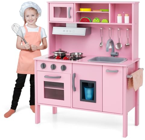 HOMASIS Cuisine de Jeu en Bois pour Enfants avec évier cuisinière Four Micro-Ondes Machine à Glace, lumière & Son, Cuisine de Jeu d'angle pour Enfants 3+ Ans (Rose)