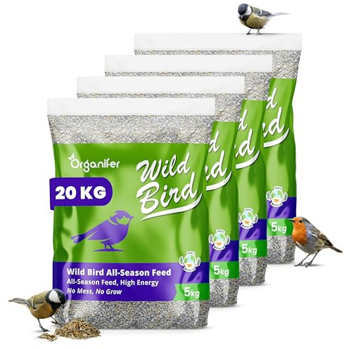 Mangime Per Uccelli Da Giardino (20 Kg) Premium Mix - Nessun Disordine, Senza Germi E Senza Erbacce, Ricco Di Grassi E Proteine ​​- Adatto A Tutte Le Stagioni, Casette Per Uccelli E Silos - Organifer