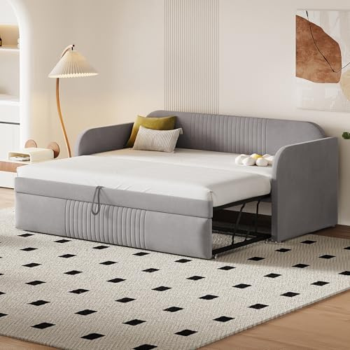 Kebnor Cama tapizada Sofá cama extensible 90/180 x 190 cm, con rayas verticales, con somier, cama multifunción, tejido de lino cómodo y transpirable (sin colchón) (gris claro)