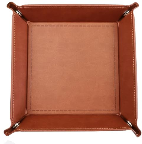 Vassoio Portaoggetti in PU Pelle, Organizzatore Multifunzionale per Gioielli, Chiavi, Telefono, Portafoglio e Monete, Resistente all'Acqua e Antigraffio, Marrone (18x18 cm)