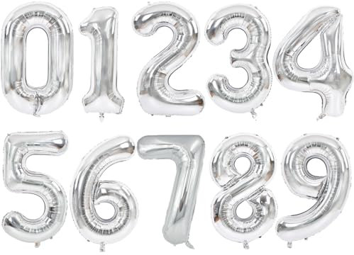 DecoGlee 16 Inch Silver Mylar Foil Balloons 0-9 Numbers - 10 Pcs Digital Set for Birthday Party, Engagement, Graduations, Anniversary, Baby Shower Decorations and Party Supplies