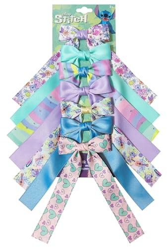 The Stitch Printed Long Tail Hair Bow Set for Girls – 7-Pack Printed Bows with Alligator Clips – Cute Hair Accessories for Kids Ages 3+