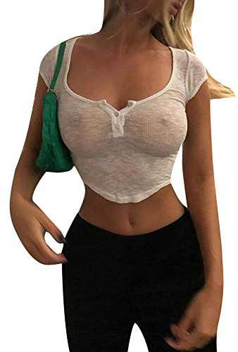 FeMereina Women Sexy Sheer Low Cut T-Shirt Transparent See-Through Short Sleeve Crop Top Y2K Streetwear (White, S)