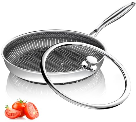 Refein Stainless Steel Frying Pan with Lid, 26CM Non Stick Egg/Omelette Pan Hybrid Skillet for Induction Hob, Chemical-Free Cookware Saute Pan for Electric Gas Ceremic Hob, Dishwasher Safe