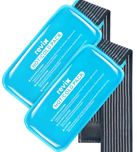 REVIX Paquetes de hielo para heridas reutilizables, 2 paquetes de paquetes de gel fríos y calientes con diseño de refrigeración en PVC y correa ajustable (25,4 x 12,7 cm)