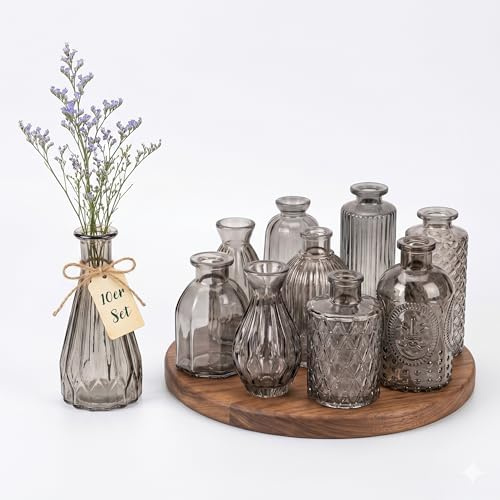Jarrones Relaxdays, Set de 10, texturizados, diseño Vintage, Vidrio, Altura: 10-14,7 cm, Decorativos para Mesa, Gris