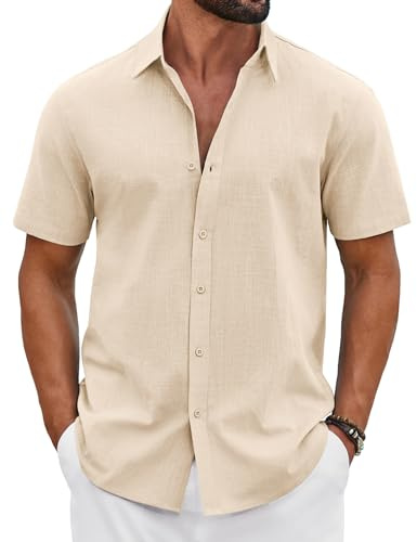 COOFANDY Camisa de hombre de manga corta de algodón para verano, ligera, informal, para vacaciones, botones, corte regular, camisa de playa