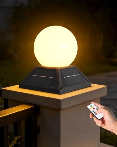 HMAKGG Luce Solare Pilastro Giardino, Lampade Solari da Esterno con Telecomando & Timer, 2400mAh, 3 Colore, IP65 Impermeabile, Sfera Lampione da Giardino per Colonna Cancello Patio Villa, Nero