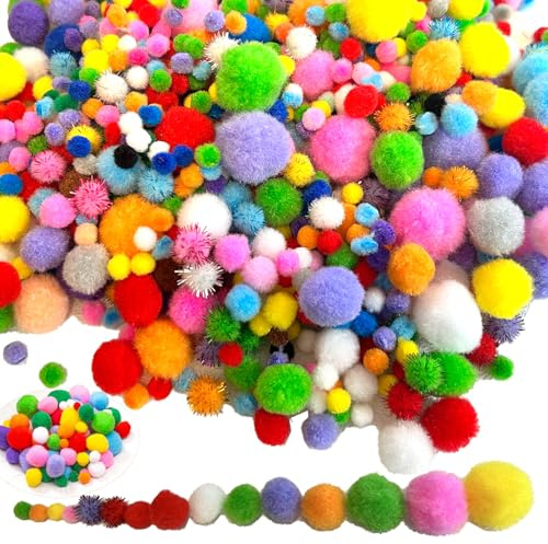 Coloured Pom Poms About 1000 Pcs, Small & Large Pompoms for Crafts Mixed Sizes (0.5cm-3cm) Soft and Fluffy Craft Pom Pom Balls Perfect for DIY, Art Projects, Christmas Decorations