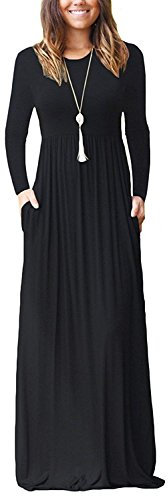 AUSELILY Damen Langarm Maxikleider Lässige Langkleider mit Taschen Winter Schwarz M