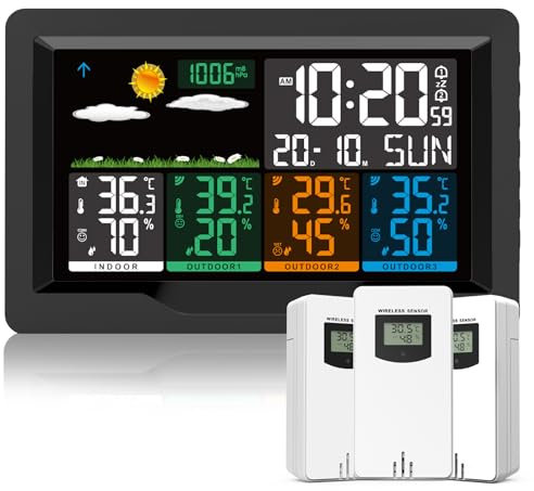 Qxmcov Station Météo sans Fil avec Capteur, Thermomètre Hygromètre Numériques Intérieure/Extérieure, Ecran LCD Couleur, Calendrier l'horloge Réveil Snooze Prévisions Température Humidité 12CM-New
