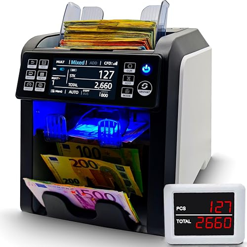 BEITZ BS-950A - Contatore di banconote con sistema a 2 tasche, testato dalla BCE, contatore di valori e contraffazioni (9 volte), contatore di banconote con tecnologia 2CIS, display touch