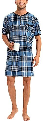 Yukiuiny Långärmad skjorta för män, knälång, jerseypyjamastopp, bomull, mjuk, luftig, sovskjorta, nattkläder för sjukhus
