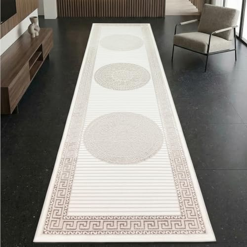 CARPETIA Matta för vardagsrum, kort lugg, glanseffekt, ornament, hall, hall, löpare, kort matta, förtrollande matta, krämfärgad, beige, 80 x 300 cm