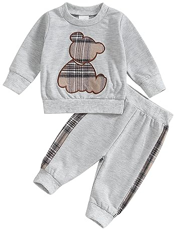 Himllauen Abbigliamento Bambini Orsetti Felpa Manica Lunga+ Pantaloni Vestiti Bimbo Set Due Pezzi Completo Neonati (Grigio, 9-12 mesi)
