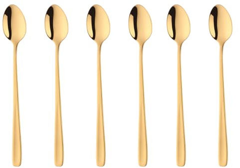 SBOMHS Cucharas para latte macchiato 18/10 de acero inoxidable, de mango largo, para café y capuchino, cucharas de postre, 20 cm, para Nutella, café con leche, 6 cucharas grandes de yogur (dorado)