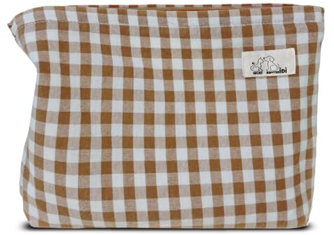 HAPPYHEIDI Khaki Gingham Cotton Makeup Bag Cosmetic Travel Pouch with Bottom, Make Up Purse Organizer, Zipper Closure, Canvas Lined…