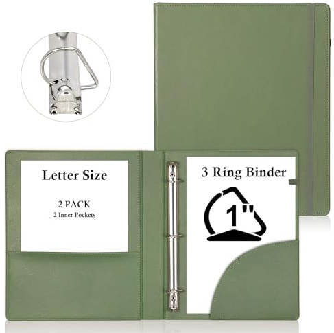 2 Pack Letter Size 3 Ring Leather Binder 1 inch D-Ring Professional Binder Organizer Planner Binder Portfolio Organizer for Holds 200 Sheets with 2 Inner Pockets for School Office Work (Green)