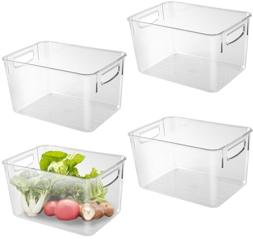 SINJEUN 4 Unidades de Organizador para frigorífico con asa, 24,8 x 17,2 x 14 cm, para frigorífico, despensa, Organizador, Caja de Almacenamiento de plástico Transparente para Cocina