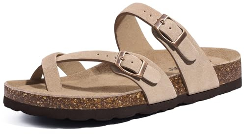 Litfun Women's Suede Cork Footbed Sandals with Adjustable Buckle | Moderate Arch Support Footbed, Soft Leather Lining, Non-slip Outsole, Genuine Suede