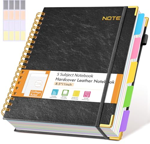 Hardcover Large Spiral Notebook 8.5 x 11 with Removable Dividers Tabs, 300 pages Leather 5 Subject Notebook College Ruled, A4 Journal for Women Men, Notebooks for Work School Note taking,Black