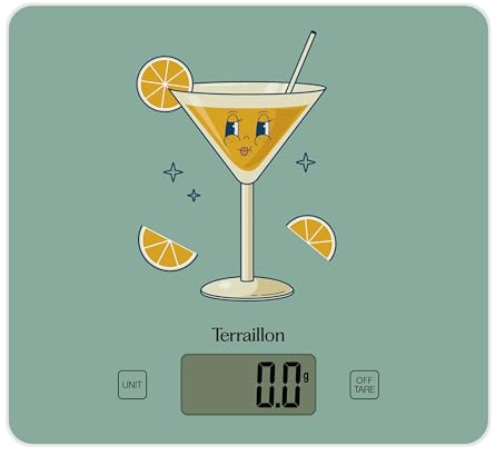 TERRAILLON - T1040 Retro Cocktail, elektronische Küchenwaage, Glasplatte, Kapazität 3 kg, Skalierung 1 g, Tara, flüssige Umwandlungen, ultradünn und kompakt – LCD-Display – Retro Cocktail