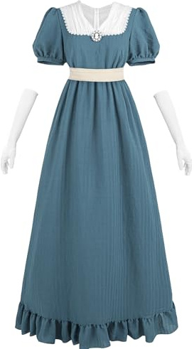 CR ROLECOS Abito vittoriano 19 secolo Regency abito donna scollo a V vita impero con guanti per tea party ballo, abito da sera, Blu, XXL