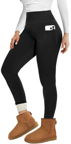 TNNZEET Fleece Lined Leggings Women UK High Waisted Thermal Pants Womens in Winter (Pockets Black M)
