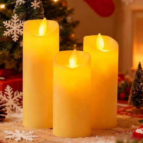OddMart 3Pcs Flameless LED Candles, Realistic Led Plastic Pillar Candles Dancing Flickering Mood for Mother's Day Party Decoration H 11 13 15 CM D 5CM Ivory Manual Switch (No Remote Control Function)