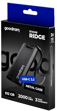 GoodRam – Disco Duro Externo SSD de 512 GB – USB 3.2 Gen. 2x2 Tipo-C – Move Ridge Black – Velocidad de Lectura de hasta 2000 MB/s, Velocidad de Escritura de hasta 1500 MB/s – 75×32×9,5 mm