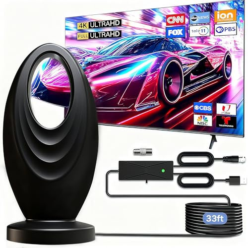 Indoor TV Aerial with Amplifier Signal Booster, Long Range 750+ Miles Reception, Digital HDTV Antenna for Freeview, Smart TV ariels & Older TVs, Supports 4K,