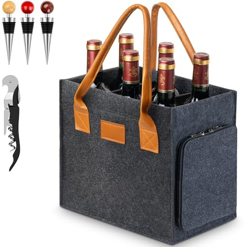 Heypappy Porta Botellas de Fieltro para 6 Botellas – Incl. Sacacorchos, 3 Tapones & 2 Bolsillos Laterales – Portabotellas Resistente para Vino 1,5L, Cerveza & Compra – Cesta Plegable