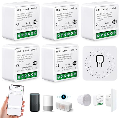 5 st smarta ljusbrytarmoduler, mini DIY wifi-brytare, passar bakom väggbrytare, 1-vägs smart brytare, kompatibel med Cozylife-appen, Alexa Echo, Google Home, Smart Life neutral ledning