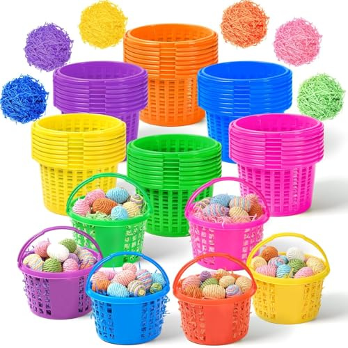 APUDWN 72 Pcs Plastic Mini Easter Baskets Bulk with Handles and 240g Grass, Colorful Small Egg Hunt Baskets Easter Grass Filler Stuffers for Spring Theme Party Favors Gifts Egg Hunt Supplies
