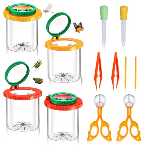 4 Piezas Caja de Insectos de Aumento, Rojo/Naranja Visor de Insectos de Bicho para 3X y 6X Aumentos con Palito de Teaser, Pinza y Abrazadera de Bola, Goteros, Lupas de Vaso para Niños de 3 a 6 Años