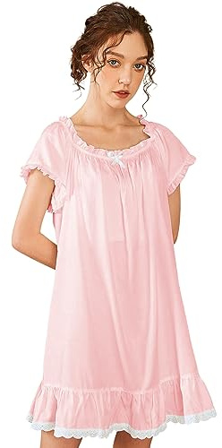 Nanxson Camisón Mujer Algodón Manga Corta Ropa de Dormir Verano Camisones Victoriano Pijamas Loungewear (L, Rosado)