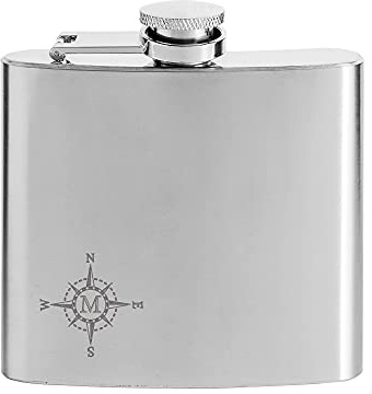 AMAVEL Fiaschetta Tascabile per Liquori in Acciaio Inox, Incisione Personalizzata con Iniziale, Motivo Bussola, Idea Regalo Compleanno, ca. 150 ml