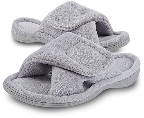 Git-up Ladies Memory Foam Slippers with Arch Support Adjustable Hook and Loop Women Slippers Diabetic Open Toe Soft Bedroom House Slippers for Indoor Outdoor Shoes GREY UK7.5/8.5 US9.5/10.5