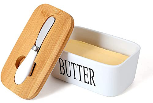 Webao Beurrier en Porcelaine, Boîte à Beurre avec Couvercle en Bambou, Conteneur Bague d'Étanchéité Silicone, Blanc