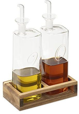 Navaris Bouteille Huile et vinaigre - Lot 2X Distributeur Bouteille en Verre avec Bec verseur et Support en Bois - Récipient huilier vinaigrier