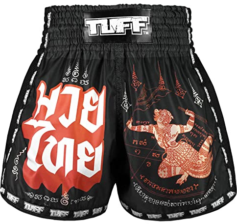 Tuff Sport Pantalones Cortos Retro para Muay Thai, Pantalones Cortos de Boxeo, Corte Delgado, MMA, Kickboxing, Entrenamiento, Ropa de Entrenamiento, Tuf-msc102-blk, Medium