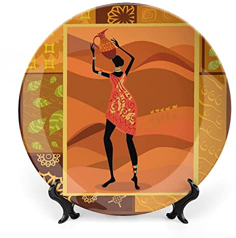 LIGUTARS Decorative Plates, African Woman Print Ornament, Frame with Natural Autumn Tribal Girl Vase, 10 Inch, 1 Plate with 1 Display Stand, Multicolor