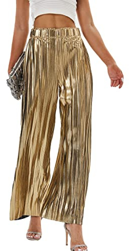 heipeiwa Women's Shiny Pleated Wide Leg Pants Party Nightout High Waist Trouser Folded Lightweight Outfit Clubwear Gold