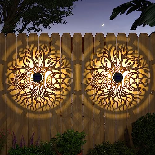 gardencave 4 Pack Solar Fence Lights Metal Solar Powered Outdoor Wall Deck Step Lights Tree Theme Waterproof Fence Light for Garden Post Patio Backyard Yard Decor (Tree, 4 Pack)