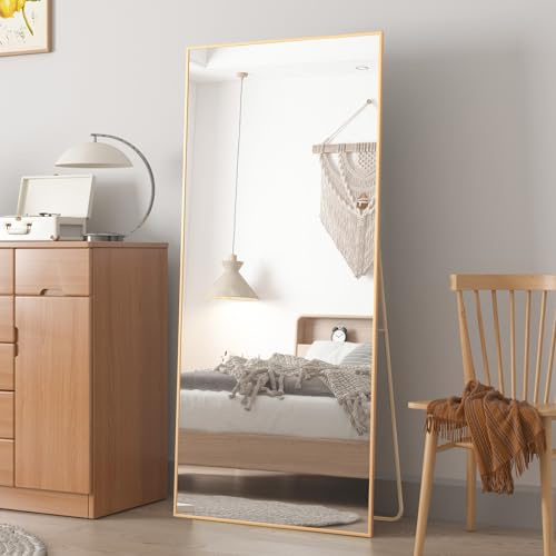 CASSILANDO Miroir sur pied, 165 x 60 cm, grand miroir de sol avec cadre fin, à suspendre ou à poser contre le mur, pour chambre à coucher, doré