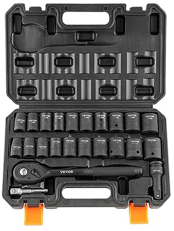 VEVOR 1/2 Drive Impact Socket Set, 23 Piece Socket Set SAE （7/16 -1）& Metric （13-24mm） 6 Point Cr-V Alloy Steel for Auto Repair with Ratchet Handle Rugged Construction Storage Case